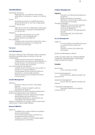 8



Conceitos básicos:                                       Problem Management

Solicitação de serviço                                   Objetivos
         Requisição de um usuário por informações,                -Prevenir a ocorrência de problemas e
         orientações, mudanças ou acesso a um serviço             incidentes;
         de TI                                                    -Eliminar incidentes recorrentes;
Evento                                                            -Minimizar o impacto de incidentes que
         Mudança de estado com significado para o                 não possam ser evitados.
         gerenciamento de um item de configuração        Principais atividades:
         ou serviço de TI                                         -Diagnóstico da causa de incidentes;
Incidente                                                         -Determinação da solução (de
         Falha de um item de configuração, interrupção            contorno ou definitiva);
         não planejada ou redução na qualidade de                 -Acompanhamento da aplicação da
         um serviço de TI                                         solução;
Problema                                                          -Documentação da solução (erro
         Causa desconhecida de um ou mais                         conhecido)
         incidentes, a ser investigada pelo
         gerenciamento de problemas                      Access Management
Erro conhecido
         Problema cuja causa raiz é conhecida e para o   Objetivos
         qual existe (se possível) uma solução de                -Prover os direitos necessários para que
         contorno documentada                                    os usuários tenham acesso aos
                                                                 serviços;
Processos:                                                       -Prevenir o acesso de usuários não
                                                                 autorizados.
Event Management
                                                         Gestão de identidades e direitos
Geração e detecção de notificações sobre mudanças
de estado relevantes para um serviço ou item de          Auxílio na preservação da confidencialidade,
configuração.                                            integridade, disponibilidade e propriedade
        O gerenciamento de eventos depende do            intelectual das informações
        monitoramento dos serviços, mas é diferente no
        sentido de que o monitoramento é contínuo,
        mesmo quando não há eventos.                     Funções
Um evento pode ser causado por:
        -Problemas de funcionamento que causem ou        Service Desk
        possam vir a causar incidentes;                           Ponto central de contato
        -Necessidades de execução de tarefas de
        produção ou manutenção rotineiras;               Technical Management
        -Retorno de serviços à condição normal de                  Suporte técnico, gestão e projetos de
        funcionamento.                                   infra-estrutura

Incident Management                                      Application Management
                                                                  Suporte técnico, gestão e projetos de
Objetivos:                                               sistemas
          Restaurar o serviço normal o mais rápido
          possível;                                      IT Operations Management
          Minimizar o impacto negativo sobre as                  Operação e gestão do ambiente
          operações de negócio.                          computacional
Se um incidente não puder ser resolvido rapidamente,
pode ser escalado para outras instâncias:
          -Escalação funcional – repasse para equipe
          especializada de suporte técnico
          -Escalação hierárquica – acionamento de
          níveis gerenciais mais elevados
Depois do diagnóstico e solução, o Service Desk deve
verificar que o cliente esteja satisfeito.

Request Fulfillment

Objetivos
        -Possibilitar que usuários solicitem e recebam
        serviços padronizados.
        -Prover informações sobre os serviços e os
        procedimentos para obtê-los.
        -Auxiliar os usuários com informações gerais,
        reclamações e comentários.
 