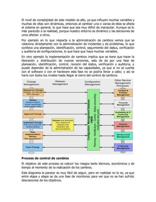 El nivel de complejidad de este modelo es alto, ya que influyen muchas variables y
muchas de ellas son dinámicas, entonces al cambiar una o varias de ellas se afecta
el sistema en general, lo que hace que sea muy difícil de manipular. Aunque es lo
más parecido a la realidad, porque nuestro entorno es dinámico y las decisiones de
unos afectan a otros.
Por ejemplo en lo que respecta a la administración de cambios vemos que se
relaciona directamente con la administración de incidentes y de problemas, lo que
conlleva una planeación, identificación, control, seguimiento del status, verificación
y auditoria de configuraciones, lo que hace que haya muchas variables.
En otro ejemplo la implementación de cambios implica que se tiene que hacer la
liberación y distribución de nuevas versiones, esto de da por una fase de
planeación, identificación, control, revisión del status, verificación y auditoria, y
puede depender de la administración de las capacidades, ya que si no se cuenta
con el software o con el hardware esta fase no se podría llevar a cabo; y así se
haría con todos los niveles hasta llegar al cierre del control de cambios.
Proceso de control de cambios
El objetivo de este proceso es reducir los riesgos tanto técnicos, económicos y de
tiempo al momento de la realización de los cambios.
Este diagrama la parecer es muy fácil de seguir, pero en realidad no lo es, ya que
entre etapa y etapa se da una fase de monitoreo para ver que no se han sufrido
desviaciones de los objetivos.
 