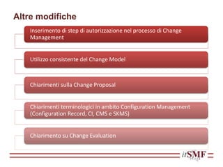 Altre modifiche
Inserimento di step di autorizzazione nel processo di Change
Management
Utilizzo consistente del Change Model
Chiarimenti sulla Change Proposal
Chiarimenti terminologici in ambito Configuration Management
(Configuration Record, CI, CMS e SKMS)
Chiarimento su Change Evaluation
 