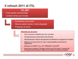 Il refresh 2011 di ITIL
ITIL 2007
• Forte spinta commerciale
• Limitato tempo per review
• Incoerenze tra le parti
• Alcune sezioni poco o mal sviluppate
• Presenza di errori
Mandato per gli autori
• Goal, purpose e obbiettivi per tutti i processi
• Omogeneizzare la descrizione dei processi
• Standardizzare l’utilizzo del glossario ed allineare le spiegazioni nel testo
• Migliorare la descrizione di ruoli e responsabilità ed eliminare le
duplicazioni
• Allineare con MSP®, M_o_R®, PRINCE2® and P3O®
• Esaminare e gestire il Change Control Log (312 issue), il parere del
Change Advisory Board e della comunità dei formatori accreditati
 