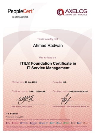 Ahmed Radwan
20 Jan 2020
GR671112648AR
Printed on 22 January 2020
N/A
9980098671620327
ITIL® Foundation Certificate in
IT Service Management
ITIL 4 Edition
 