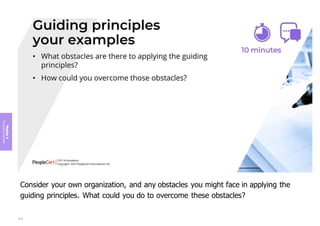 Module
4
The
guiding
principles
Consider your own organization, and any obstacles you might face in applying the
guiding principles. What could you do to overcome these obstacles?
214
 
