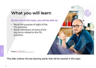 This slide outlines the key learning points that will be covered in this topic.
Module
5
ITIL
4
Management
practices
256
 
