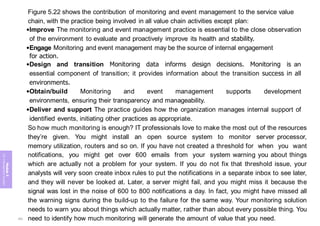 Module
5
ITIL
4
Management
practices
Figure 5.22 shows the contribution of monitoring and event management to the service value
chain, with the practice being involved in all value chain activities except plan:
•Improve The monitoring and event management practice is essential to the close observation
of the environment to evaluate and proactively improve its health and stability.
•Engage Monitoring and event management may be the source of internal engagement
for action.
•Design and transition Monitoring data informs design decisions. Monitoring is an
essential component of transition; it provides information about the transition success in all
environments.
•Obtain/build Monitoring and event management supports development
environments, ensuring their transparency and manageability.
•Deliver and support The practice guides how the organization manages internal support of
identified events, initiating other practices as appropriate.
So how much monitoring is enough? IT professionals love to make the most out of the resources
they’re given. You might install an open source system to monitor server processor,
memory utilization, routers and so on. If you have not created a threshold for when you want
notifications, you might get over 600 emails from your system warning you about things
which are actually not a problem for your system. If you do not fix that threshold issue, your
analysts will very soon create inbox rules to put the notifications in a separate inbox to see later,
and they will never be looked at. Later, a server might fail, and you might miss it because the
signal was lost in the noise of 600 to 800 notifications a day. In fact, you might have missed all
the warning signs during the build-up to the failure for the same way. Your monitoring solution
needs to warn you about things which actually matter, rather than about every possible thing. You
need to identify how much monitoring will generate the amount of value that you need.
282
 