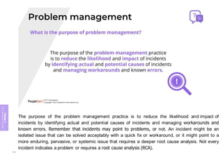 Module
5
ITIL
4
Management
practices
The purpose of the problem management practice is to reduce the likelihood and impact of
incidents by identifying actual and potential causes of incidents and managing workarounds and
known errors. Remember that incidents may point to problems, or not. An incident might be an
isolated issue that can be solved acceptably with a quick fix or workaround, or it might point to a
more enduring, pervasive, or systemic issue that requires a deeper root cause analysis. Not every
incident indicates a problem or requires a root cause analysis (RCA).
343
 
