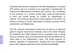 Module
5
ITIL
4
Management
practices
Continual improvement is featured in the SVS strategically, is a tactical
SVC activity, and it is a practice to be used daily or operationally. To
maximize the effectiveness of services, each person who contributes
to the provision of a service should keep continual improvement
in mind and should always be looking for opportunities to
improve. The continual improvement model applies to the SVS in its
entirety, as well as to all the organization’s products, services, service
components, and relationships.
The ITIL continual improvement model can be used as a high-level
guide to support improvement initiatives. Use of the model increases
the likelihood that ITSM initiatives will be successful, puts a strong
focus on customer value, and ensures that improvement efforts can be
linked back to the organization’s vision. The model supports an
iterative approach to improvement, dividing work into manageable
pieces with separate goals that can be achieved incrementally.
365
 