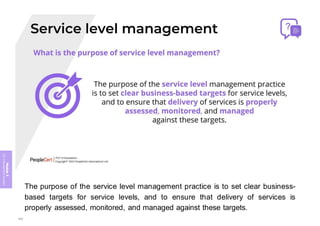 Module
5
ITIL
4
Management
practices
The purpose of the service level management practice is to set clear business-
based targets for service levels, and to ensure that delivery of services is
properly assessed, monitored, and managed against these targets.
385
 