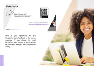 C
ourM
odule
se
r
e
vie
w 6
ITIL®
4 Foundation | Copyright©
PeopleCert InternationalLtd. 319
Module
6
Course
review
Here is your opportunity to give
PeopleCert some feedback on the course
materials. Y can choose to email
PeopleCert team directly or just scan the
QR code with your pho and complete the
survey.
446
 