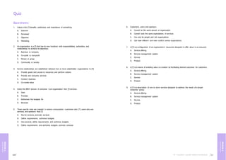 Module
6
Course
review
Module
6
Course
review
Quiz
Questions:
320 321
ITIL®
4 Foundation | Copyright©
PeopleCert InternationalLtd.
1. Value is the [?] benefits, usefulness, and importance of something.
A. Inherent
B. Perceived
C. Objective
D. Marketing
2. An organization is a [?] that has its own functions with responsibilities, authorities, and
relationships to achieve its objectives.
A. Business or company
B. For-profit or non-profit
C. Person or group
D. Community or society
3. Service relationships are established between two or more stakeholder organizations to [?].
A. Provide goods and access to resources and perform actions
B. Provide and consume services
C. Conduct business
D. Co-create value
4. Select the BEST answer. A consumer is an organization that [?] services.
A. Uses
B. Provides
C. Authorises the budgets for
D. Receives
5. Three specific roles are involved in service consumption: customers who [?], users who use
services, and sponsors that [?].
A. Pay for services, promote services
B. Define requirements, authorise budgets
C. Use services, define requirements and authorize budgets
D. Define requirements and authorise budgets, promote services
6. Customers, users and sponsors
A. Cannot be the same person or organization
B. Cannot have the same expectations of services
C. Can only be people and not organizations
D. Can have different and even conflict service expectations
7. A [?] is a configuration of an organization’s resources designed to offer value to a consumer.
A. Service offering
B. Service management system
C. Service
D. Product
8. A [?] is a means of enabling value co-creation by facilitating desired outcomes for customers.
A. Service offering
B. Service management system
C. Service
D. Product
9. A [?] is a description of one or more services designed to address the needs of a target
consumer group.
A. Service offering
B. Service management system
C. Service
D. Product
447
 