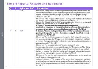 Appendix
2
Resources
Sample Paper 1: Answers and Rationales
Q A Syllabus Ref Rationale
1 D 6.1.h A.Incorrect. “The purpose of the change enablement practice is to maximize the
number of successful service and product changes by ensuring that risks have been
properly assessed, authorizing changes to proceed, and managing the change
schedule”. Ref 5.2.4
B.Incorrect. “The purpose of the release management practice is to make new
and changed services and features available for use.” Ref 5.2.9
C.Incorrect. “The purpose of the IT asset management practice is to plan and
manage the full lifecycle of all IT assets”. Ref 5.2.6
D. Correct. “The purpose of the deployment management
practice is to move new or changed hardware, software, documentation,
processes, or any other component to live environments.” Ref 5.3.1
2 A 7.1.f A. Correct. “Service desks provide a clear path for users to report issues,
queries, and requests, and have them acknowledged, classified, owned,
and actioned”. Ref 5.2.14
B.Incorrect. The ‘incident management’ practice deals only with incidents,
not queries and requests. “The purpose of the incident management practice is
to minimize the negative impact of incidents by restoring normal service operation as
quickly as possible”. Ref 5.2.5
C.Incorrect. The ‘change enablement’ practice deals only with
change requests, not other queries and requests. “The purpose of the change
enablement practice is to maximize the number of successful service and product
changes by ensuring that risks have been properly assessed, authorizing changes to
proceed, and managing the change schedule”. Ref 5.2.4
D.Incorrect. The ‘service level management’ practice ensures service targets are
met. It does not manage queries and
requests from users. “The purpose of the service level management practice is
to set clear business-based targets for service performance, so that the delivery of a
service can be properly assessed, monitored, and managed against these targets”.
Ref 5.2.15
491
 
