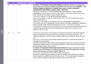 Appendix
2
Resources
Q A Syllabus Ref Rationale
10 A 7.1.e A. Correct. “The purpose of the service request management practice is to support the
agreed quality of a service by handling all pre-defined, user-initiated service requests...” and
a service request is defined as “a request from a user or a user’s authorized
representative that initiates a service action”. Ref 5.2.16
B.Incorrect. A customer is “the role that defines the requirements for a service and takes
responsibility for the outcomes of service consumption”. A customer could also be a user,
and in that role they may submit a service request. Ref 2.2.2
C.Incorrect. A sponsor is “the role that authorizes budget for
service consumption.” A sponsor could also be a user, and in that role they may submit a
service request. Ref 2.2.2
D.Incorrect. “The partners and suppliers dimension encompasses an organization’s
relationships with other organizations that are involved in the design, development, deployment,
delivery, support, and/or continual improvement of services.”. This does not include
consumption of services, and “The purpose of the service request management practice is to
support the agreed quality of a service by handling all pre- defined, user-initiated service
requests.” Ref 3.3, 5.2.16
11 C 7.1.f A.Incorrect. “The purpose of the incident management practice is to minimize the negative
impact of incidents by restoring normal service operation as quickly as possible.” The
‘incident management’ practice does not provide a single point of contact for service users. Ref
5.2.5
B.Incorrect. “The purpose of the change enablement practice is to maximize the number of
successful service and product
changes by ensuring that risks have been properly assessed, authorizing changes to proceed, and
managing the change schedule.” The ‘change enablement’ practice does not provide a single
point of contact for service users. Ref 5.2.4
C. Correct. “The purpose of the service desk practice is to capture demand for incident
resolution and service requests. It should also be the entry point and single point of contact
for the service provider with all of its users.” Ref 5.2.14
D. Incorrect. “The purpose of the service request management
practice is to support the agreed quality of a service by handling all pre-defined, user-initiated
service requests in an effective and user-friendly manner.” The ‘service request management’
practice does not provide a single point of contact for service users. Ref 5.2.16
495
 