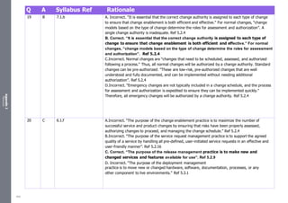 Appendix
2
Resources
Q A Syllabus Ref Rationale
19 B 7.1.b A. Incorrect. “It is essential that the correct change authority is assigned to each type of change
to ensure that change enablement is both efficient and effective.” For normal changes, “change
models based on the type of change determine the roles for assessment and authorization”. A
single change authority is inadequate. Ref 5.2.4
B. Correct. “It is essential that the correct change authority is assigned to each type of
change to ensure that change enablement is both efficient and effective.” For normal
changes, “change models based on the type of change determine the roles for assessment
and authorization”. Ref 5.2.4
C.Incorrect. Normal changes are “changes that need to be scheduled, assessed, and authorized
following a process.” Thus, all normal changes will be authorized by a change authority. Standard
changes can be pre-authorized: “These are low-risk, pre-authorized changes that are well
understood and fully documented, and can be implemented without needing additional
authorization”. Ref 5.2.4
D.Incorrect. “Emergency changes are not typically included in a change schedule, and the process
for assessment and authorization is expedited to ensure they can be implemented quickly.”
Therefore, all emergency changes will be authorized by a change authority. Ref 5.2.4
20 C 6.1.f A.Incorrect. “The purpose of the change enablement practice is to maximize the number of
successful service and product changes by ensuring that risks have been properly assessed,
authorizing changes to proceed, and managing the change schedule.” Ref 5.2.4
B.Incorrect. “The purpose of the service request management practice is to support the agreed
quality of a service by handling all pre-defined, user-initiated service requests in an effective and
user-friendly manner”. Ref 5.2.16
C. Correct. “The purpose of the release management practice is to make new and
changed services and features available for use”. Ref 5.2.9
D. Incorrect. “The purpose of the deployment management
practice is to move new or changed hardware, software, documentation, processes, or any
other component to live environments.” Ref 5.3.1
500
 