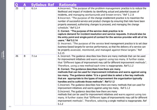 Appendix
2
Resources
Q A Syllabus Ref Rationale
25 C 6.1.n A.Incorrect. “The purpose of the problem management practice is to reduce the
likelihood and impact of incidents by identifying actual and potential causes of
incidents, and managing workarounds and known errors.” Ref 5.2.8
B.Incorrect. “The purpose of the change enablement practice is to maximize the
number of successful service and product changes by ensuring that risks have been
properly assessed, authorizing changes to proceed, and managing the change
schedule.” Ref 5.2.4
C. Correct. “The purpose of the service desk practice is to
capture demand for incident resolution and service requests. It should also be
the entry point and single point of contact for the service provider with all of its
users.” Ref 5.2.14
D. Incorrect. “The purpose of the service level management practice is to set clear
business-based targets for service performance, so that the delivery of a service can
be properly assessed, monitored, and managed against these targets.” Ref
5.2.15
26 B 7.1.a A. Incorrect. The guidance describes how there are many methods that can be used
for improvement initiatives and warns against using too many. It further states
that “Different types of improvement may call for different improvement methods”.
Therefore, using a new method each time is inappropriate. Ref 5.1.2
B. Correct. The guidance describes how there are many
methods that can be used for improvement initiatives and warns against using
too many. The guidance states “It is a good idea to select a few key methods
that are appropriate to the types of improvement the organization typically
handles and to cultivate those methods”. Ref 5.1.2
C.Incorrect. The guidance describes how there are many methods that can used for
improvement initiatives and warns against using too many. Ref 5.1.2
D.Incorrect. The guidance describes how there are many
methods that can be used for improvement initiatives and warns against using too
many. It further states that “Different types of improvements may call for different
improvement methods”. Therefore, selecting a single method is inappropriate. Ref
5.1.2
503
 