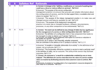 Appendix
2
Resources
Q A Syllabus Ref Rationale
32 A 6.2.d A. Correct. A change is the “addition, modification, or removal of anything that
could have a direct or indirect effect on services”. Ref 5.2.4
B.Incorrect. “The purpose of the service configuration
management practice is to ensure that accurate and reliable information about
the configuration of services, and the CIs that support them, is available when and
where it is needed.” Ref 5.2.11
C.Incorrect. “The purpose of the release management practice is to make new and
changed services and features available for use”. Ref 5.2.9
D.Incorrect. “The purpose of the deployment management
practice is to move new or changed hardware, software, documentation,
processes, or any other component to live environments.” Ref 5.3.1
33 A 6.2.b A. Correct. “An event can be defined as any change of state that has significance
for the management of a service or other configuration item (CI)”. Ref 5.2.7
B.Incorrect. The definition of a configuration item is “any component that needs to
be managed in order to deliver an IT service.” Ref 5.2.11
C.Incorrect. An incident is “An unplanned interruption to a service or reduction in
the quality of a service.” Ref 5.2.5
D.Incorrect. An IT asset is “Any financially valuable component
that can contribute to the delivery of an IT product or service.” Ref 5.2.11
34 C 1.2.d A.Incorrect. “A tangible or intangible deliverable of an activity” is the definition of an
output, not an outcome. Ref 2.5.1
B.Incorrect. “The functionality offered by a product or service to meet a particular need”
is the definition of utility, not an outcome. The utility of the service may facilitate
outcomes. Ref 2.5.4
C. Correct. An outcome is “a result for a stakeholder enabled by one or more
outputs”. The definition of a service describes how the value of a service enables
value co-creation by facilitating outcomes that customers want to achieve. Ref
2.5.1
D. Incorrect. A product is “a configuration of an organization’s resources designed to
offer value for a consumer.” Ref 2.3.1
506
 