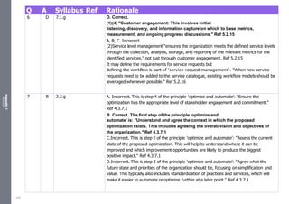 Appendix
2
Resources
Q A Syllabus Ref Rationale
6 D 7.1.g D. Correct.
(1)(4) "Customer engagement: This involves initial
listening, discovery, and information capture on which to base metrics,
measurement, and ongoing progress discussions." Ref 5.2.15
A, B, C. Incorrect.
(2)Service level management "ensures the organization meets the defined service levels
through the collection, analysis, storage, and reporting of the relevant metrics for the
identified services," not just through customer engagement. Ref 5.2.15
It may define the requirements for service requests but
defining the workflow is part of ‘service request management’. "When new service
requests need to be added to the service catalogue, existing workflow models should be
leveraged whenever possible." Ref 5.2.16
7 B 2.2.g A. Incorrect. This is step 4 of the principle 'optimize and automate': "Ensure the
optimization has the appropriate level of stakeholder engagement and commitment."
Ref 4.3.7.1
B. Correct. The first step of the principle 'optimize and
automate' is: "Understand and agree the context in which the proposed
optimization exists. This includes agreeing the overall vision and objectives of
the organization." Ref 4.3.7.1
C.Incorrect. This is step 2 of the principle 'optimize and automate': "Assess the current
state of the proposed optimization. This will help to understand where it can be
improved and which improvement opportunities are likely to produce the biggest
positive impact." Ref 4.3.7.1
D.Incorrect. This is step 3 of the principle 'optimize and automate': "Agree what the
future state and priorities of the organization should be, focusing on simplification and
value. This typically also includes standardization of practices and services, which will
make it easier to automate or optimize further at a later point." Ref 4.3.7.1
522
 