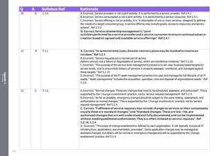 Appendix
2
Resources
Q A Syllabus Ref Rationale
10 D 1.3.b A.Incorrect. Service provision is not a joint activity; it is performed by a service provider. Ref 2.4.1
B.Incorrect. Service consumption is not a joint activity; it is performed by a service consumer. Ref 2.4.1
C.Incorrect. Service offering is not an activity; it is "A description of one or more services, designed to address
the needs of a target consumer group. A service offering may include goods, access to resources, and service
actions". Ref 2.3.2
D. Correct. Servicerelationshipmanagementis"Joint
activitiesperformed by a serviceproviderand a service consumerto ensure continualvalueco-
creation based on agreed and availableserviceofferings". Ref 2.4.1
11 A 7.1.c A. Correct. "In some extreme cases, disaster recovery plansmay be invokedto resolvean
incident." Ref 5.2.5
B.Incorrect. "Service requests are a normal partof service
delivery and are not a failure or degradation of service, which are handled as incidents." Ref 5.2.16
C.Incorrect. "The purpose of the service level management practice is to set clear business-based targets for
service levels, and to ensure that delivery of services is properlyassessed, monitored, and managed against
these targets." Ref 5.2.15
D.Incorrect. "The purpose of the IT asset managementpractice is to plan and manage the full lifecycle of all IT
assets." Asset management"includesthe acquisition, operation, care and disposal of organizational assets." Ref
5.2.6
12 C 7.1.e A.Incorrect. "Normal changes: These are changesthat need to be scheduled, assessed, and authorized". This is
supported by the ‘change enablement’ practice, not by 'service request management'.Ref 5.2.4
B.Incorrect. "As far as possible, emergencychangesshould be subject to the same testing, assessment, and
authorization as normalchanges." This is supported by the ‘change enablement’ practice, not by 'service
request management'. Ref 5.2.4
C. Correct. "Fulfilment of service requests may include changesto services or their components;
usually these are standard changes." and "Standard changes: These are low- risk, pre-
authorized changesthat arewell understoodand fully documented, and can be implemented
without needingadditionalauthorization. They are often initiated as service requests". Ref
5.2.16, 5.2.4
D. Incorrect. "The scope of change enablementis defined by each organization. It will typically include all IT
infrastructure, applications, documentation,processes". Some application changesmay be managed as
standard changes, butothers will be normal or emergencychangesand will be supported by the 'change
enablement' practice. Ref 5.2.4
524
 