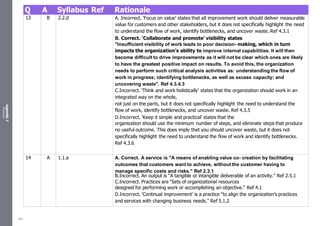 Appendix
2
Resources
Q A Syllabus Ref Rationale
13 B 2.2.d A. Incorrect. 'Focus on value' states that all improvement work should deliver measurable
value for customers and other stakeholders, but it does not specifically highlight the need
to understand the flow of work, identify bottlenecks, and uncover waste. Ref 4.3.1
B. Correct. ‘Collaborate and promote’ visibility states
"Insufficient visibility of work leads to poor decision- making, which in turn
impacts the organization’s ability to improve internal capabilities. It will then
become difficult to drive improvements as it will not be clear which ones are likely
to have the greatest positive impact on results. To avoid this, the organization
needs to perform such critical analysis activities as: understanding the flow of
work in progress; identifying bottlenecks, as well as excess capacity; and
uncovering waste". Ref 4.3.4.3
C.Incorrect. 'Think and work holistically' states that the organization should work in an
integrated way on the whole,
not just on the parts, but it does not specifically highlight the need to understand the
flow of work, identify bottlenecks, and uncover waste. Ref 4.3.5
D.Incorrect. 'Keep it simple and practical' states that the
organization should use the minimum number of steps, and eliminate steps that produce
no useful outcome. This does imply that you should uncover waste, but it does not
specifically highlight the need to understand the flow of work and identify bottlenecks.
Ref 4.3.6
14 A 1.1.a A. Correct. A service is "A means of enabling value co- creation by facilitating
outcomes that customers want to achieve, without the customer having to
manage specific costs and risks." Ref 2.3.1
B.Incorrect. An output is "A tangible or intangible deliverable of an activity." Ref 2.5.1
C.Incorrect. Practices are "Sets of organizational resources
designed for performing work or accomplishing an objective." Ref 4.1
D.Incorrect. 'Continual improvement' is a practice "to align the organization’s practices
and services with changing business needs." Ref 5.1.2
525
 