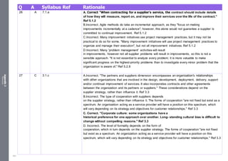 Appendix
2
Resources
Q A Syllabus Ref Rationale
26 A 7.1.a A. Correct "When contracting for a supplier’s service, the contract should include details
of how they will measure, report on, and improve their services over the life of the contract."
Ref 5.1.2
B.Incorrect. Agile methods do take an incremental approach, as they "focus on making
improvements incrementally at a cadence"; however, this alone would not guarantee a supplier is
committed to continual improvement. Ref 5.1.2
C.Incorrect. Many improvement initiatives use project management practices, but it may not be
practical to do so for some. "Many improvement initiatives will use project management practices to
organize and manage their execution", but not all improvement initiatives. Ref 5.1.2
D.Incorrect. Many 'problem management' activities will result
in improvements, however not all supplier problems will result in improvements, so this is not a
sensible approach. "It is not essential to analyze every problem; it is more valuable to make
significant progress on the highest-priority problems than to investigate every minor problem that the
organization is aware of." Ref 5.2.8
27 C 3.1.c A.Incorrect. "The partners and suppliers dimension encompasses an organization’s relationships
with other organizations that are involved in the design, development, deployment, delivery, support
and/or continual improvement of services. It also incorporates contracts and other agreements
between the organization and its partners or suppliers." These considerations depend on the
supplier strategy, rather than influence it. Ref 3.3
B.Incorrect. The type of cooperation with suppliers depends
on the supplier strategy, rather than influence it. The forms of cooperation "are not fixed but exist as a
spectrum. An organization acting as a service provider will have a position on this spectrum, which
will vary depending on its strategy and objectives for customer relationships." Ref 3.3
C. Correct. "Corporate culture: some organizations have a
historical preference for one approach over another. Long- standing cultural bias is difficult to
change without compelling reasons." Ref 3.3
D. Incorrect. The level of formality depends on the form of
cooperation, which in turn depends on the supplier strategy. The forms of cooperation "are not fixed
but exist as a spectrum. An organization acting as a service provider will have a position on this
spectrum, which will vary depending on its strategy and objectives for customer relationships." Ref 3.3
531
 