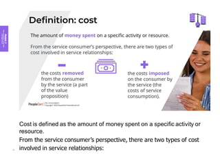 Module
2
Key
concepts
of
service
management
Cost is defined as the amount of money spent on a specific activity or
resource.
From the service consumer’s perspective, there are two types of cost
involved in service relationships:
75
 