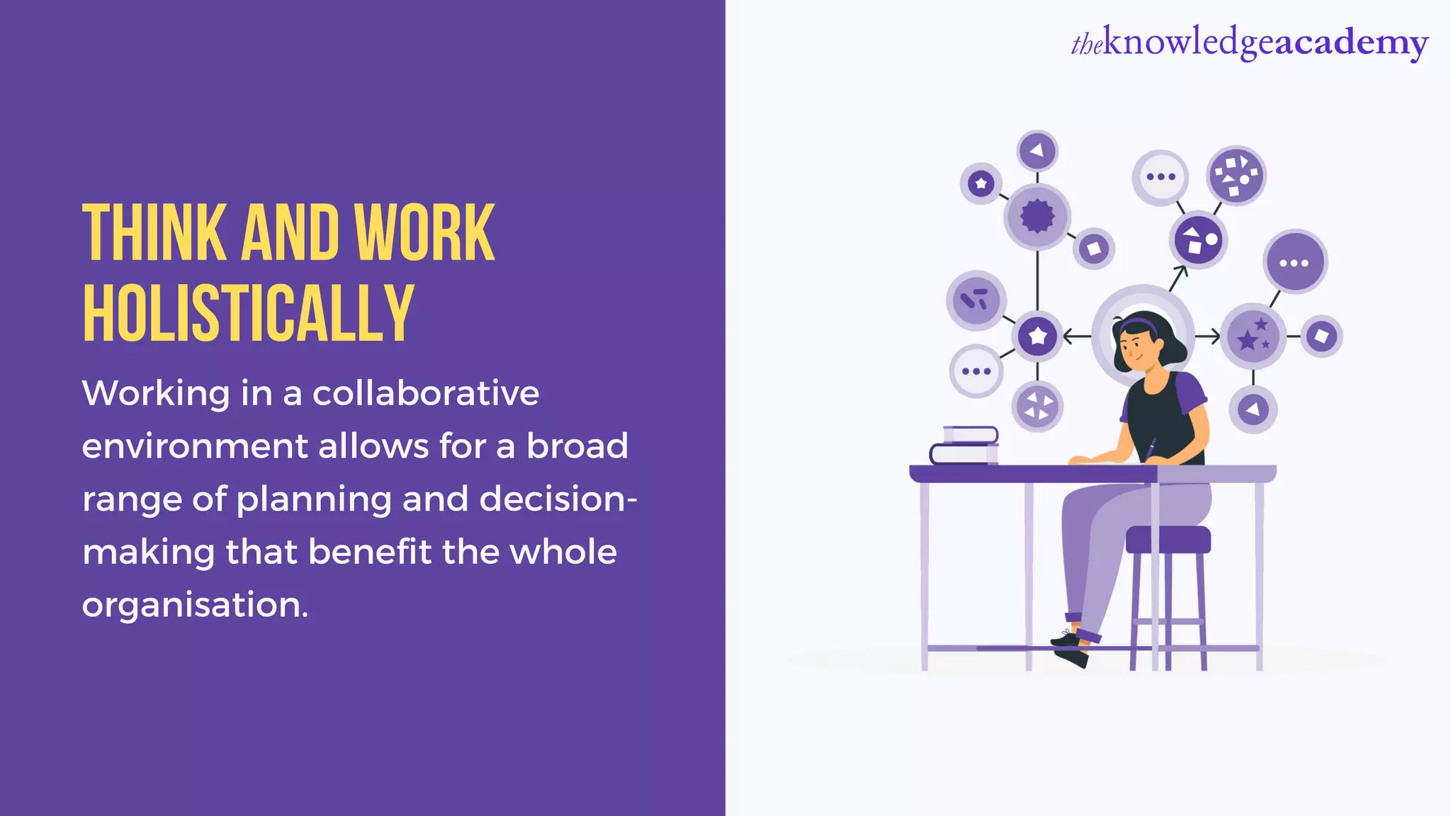 Working in a collaborative
environment allows for a broad
range of planning and decision-
making that benefit the whole
organisation.
Think and work
holistically