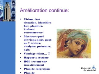 Amélioration continue:
•   Vision, état
    situation, identifier
    but, planifier,
    évaluer,
    recommencer !
•   Mesurer: quoi
    devrions-nous, peut-
    on ?, traiter,
    analyser, présenter,
    agir.
•   Sondage client… 
•   Rapports système
•   ROI : retour sur
    investissement
•   Plan de correction
•   Plan de
 