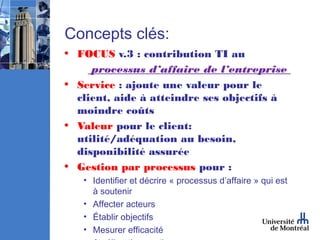 Concepts clés:
• FOCUS v.3 : contribution TI au
     processus d’affaire de l’entreprise
• Service : ajoute une valeur pour le
  client, aide à atteindre ses objectifs à
  moindre coûts
• Valeur pour le client:
  utilité/adéquation au besoin,
  disponibilité assurée
• Gestion par processus pour :
   • Identifier et décrire « processus d’affaire » qui est
     à soutenir
   • Affecter acteurs
   • Établir objectifs
   • Mesurer efficacité
 