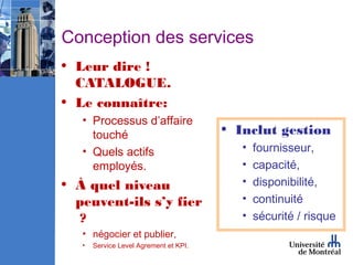 Conception des services
• Leur dire !
  CATALOGUE.
• Le connaître:
   • Processus d’affaire
     touché                             • Inclut gestion
   • Quels actifs                          •   fournisseur,
     employés.                             •   capacité,
• À quel niveau                            •   disponibilité,
  peuvent-ils s’y fier                     •   continuité
   ?                                       •   sécurité / risque
   • négocier et publier,
   •   Service Level Agrement et KPI.
 