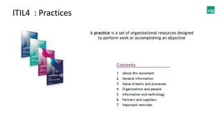 ITIL4 : Practices
A practice is a set of organizational resources designed
to perform work or accomplishing an objective
 