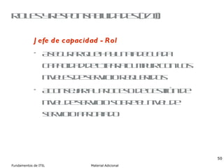 Roles y responsabilidades (I/II) Jefe de capacidad - Rol Asegurar que hay una adecuada capacidad de TI para cumplir con los niveles de servicio requeridos Aconsejar al proceso de gestión de nivel de servicio sobre el nivel de servicio apropiado 