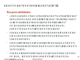 Roles y responsabilidades (II/II) Responsabilidades Asegurar el nivel apropiado de supervisión de recursos y del rendimiento del sistema, y que la información registrada se mantiene actualizada y utilizada por todos los procesos de gestión de capacidad Producir el plan de capacidad en línea con el ciclo de planeamiento de negocios de la organización Documentar los incrementos o reducciones de hardware basados en SLRs y restricciones de costos Producir reportes regulares de nivel de uso actual, tendencias y pronósticos de los recursos 