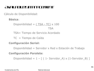 Availability Management Cálculo de Disponibilidad: Básica : Disponibilidad =  ( TSA - TC)  x 100   TSA TSA= Tiempo de Servicio Acordado TC  = Tiempo de Caída Configuración Serial: Disponibilidad = Servidor x Red x Estación de Trabajo Configuración Paralela: Disponibilidad = 1 – [ ( 1- Servidor_A) x (1-Servidor_B) ] 