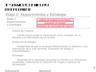 IT Service Continuity Management Etapa 2: Requerimientos y Estrategia Etapa 2 Requerimientos y Estrategia Análisis de Impacto: Cuanto puede perder la organización como resultado de un desastre o la interrupción de un servicio Evaluación de Riesgos: Probabilidad de que se produzca efectivamente un desastre o una interrupción seria a los servicios. Evaluación de riesgos y vulnerabilidades Estrategia: Desarrollo de la estrategia apropiada en función a la información recolectada, balanceando la reducción de riesgos y opciones de recuperación Análisis de Impacto en el negocio Evaluación de Riesgos Estrategia de continuidad del negocio 