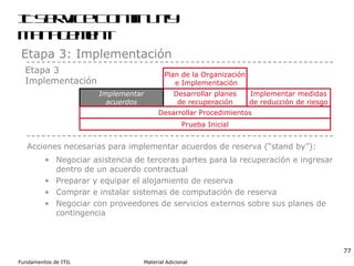 IT Service Continuity Management Etapa 3: Implementación Etapa 3 Implementación Acciones necesarias para implementar acuerdos de reserva (“stand by”): Negociar asistencia de terceras partes para la recuperación e ingresar dentro de un acuerdo contractual Preparar y equipar el alojamiento de reserva Comprar e instalar sistemas de computación de reserva Negociar con proveedores de servicios externos sobre sus planes de contingencia Plan de la Organización e Implementación Desarrollar planes de recuperación Implementar medidas de reducción de riesgo Implementar acuerdos Desarrollar Procedimientos Prueba Inicial 