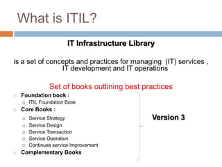 What is ITIL?IT Infrastructure Libraryis a set of concepts and practices for managing  (IT) services , IT development and IT operationsSet of books outlining best practicesFoundation book : ITIL Foundation BookCore Books :Service Strategy				    Version 3Service DesignService TransactionService Operation Continues service ImprovementComplementary BooksOrganization CapabilitiesProcess :Sequence of interdependent and linked procedures which, at every stage, consume one or more resources to convert inputs into outputs.Function : units of Org specialized to perform cretin type of work and responsibilities for specific outcome.Service Management :	Set of specialized org capabilities for providing value to customers in the form of services. 