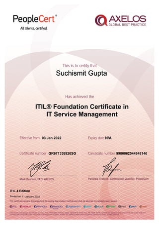 Suchismit Gupta
03 Jan 2022
GR671358926SG
Printed on 11 January 2022
N/A
9980062544848146
ITIL® Foundation Certificate in
IT Service Management
ITIL 4 Edition
 