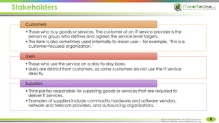 Stakeholders
8
MakeMeWise. All Rights Reserved
•Those who buy goods or services. The customer of an IT service provider is the
person or group who defines and agrees the service level targets.
•This term is also sometimes used informally to mean user – for example, ‘This is a
customer-focused organization.’
Customers
•Those who use the service on a day-to-day basis.
•Users are distinct from customers, as some customers do not use the IT service
directly
Users
•Third parties responsible for supplying goods or services that are required to
deliver IT services.
•Examples of suppliers include commodity hardware and software vendors,
network and telecom providers, and outsourcing organizations.
Suppliers
©2015 MakeMeWise. All Rights Reserved.
Visit our website: www.makemewise.org
 