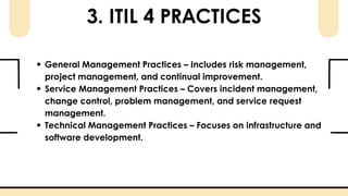 3. ITIL 4 PRACTICES
General Management Practices – Includes risk management,
project management, and continual improvement.
Service Management Practices – Covers incident management,
change control, problem management, and service request
management.
Technical Management Practices – Focuses on infrastructure and
software development.
 
