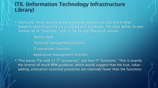 ITIL (Information Technology Infrastructure
Library)
• Obviously, these questions are somewhat nonsensical, but this is what
happens when functions are confused with processes. ITIL does define its own
limited set of “functions,” only in the Service Operation volume:
• Service Desk
• Technical management function
• IT operations function
• Application management function
• This leaves ITIL with 25 IT “processes,” and four IT “functions.” This is exactly
the inverse of much BPM guidance, which would suggest that the true, value-
adding, enterprise-essential processes are relatively fewer than the functions
 