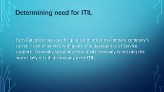 Determining need for ITIL
Each Category has specific goal set in order to compare company’s
current level of service with goals of subcategories of Service
support. Generally speaking more goals company is missing the
more likely it is that company need ITIL.
 