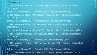 • References
1.The Stationery Office, ITIL® Service Operation: 2011 Edition. Information
Technology
Infrastructure Library 2011, Norwich, U.K.: The Stationery Office.
2. The Stationery Office, ITIL® Service Transition: 2011 Edition. Information
Technology
Infrastructure Library 2011, Norwich, U.K.: The Stationery Office.
3. The Stationery Office, ITIL® Continual Service Improvement: 2011 Edition.
Information
Technology Infrastructure Library 2011, Norwich, U.K.: The Stationery Office.
4. The Stationery Office, ITIL® Service Strategy: 2011 Edition. Information
Technology
Infrastructure Library 2011, Norwich, U.K: The Stationery Office.
5. The Stationery Office, ITIL® Service Design: 2011 Edition. Information
Technology
Infrastructure Library 2011, Norwich, U.K.: The Stationery Office.
6. IT Governance Institute, COBIT® 4.1 2007, Rolling Meadows, IL: IT
 
