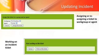 Updating Incident
Assigning or re-
assigning a ticket to
workgroup or agent
Working on
an incident
ticket
 