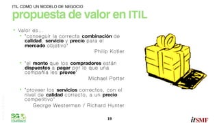 ITIL COMO UN MODELO DE NEGOCIO

propuesta de valor en ITIL"
• 

Va l o r e s … 
•  " c o n s e g u i r l a c o r r e c t a combinación d e
calidad, servicio y precio p a r a e l
mercado o b j e t i v o “ 
Philip Kotler
" e l monto q u e l o s compradores e s t á n
dispuestos a pagar p o r l o q u e u n a
c o m p a ñ í a l e s provee“ 
Michael Porter

• 
omar sánchez

• 

" p r o v e e r l o s servicios c o r r e c t o s , c o n e l
n i v e l d e calidad c o r r e c t o , a u n precio
competitivo“
George Westerman / Richard Hunter
19	
  

 