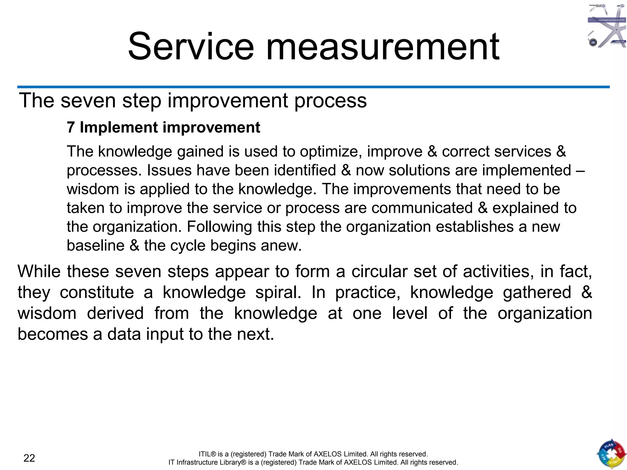 22
ITIL® is a (registered) Trade Mark of AXELOS Limited. All rights reserved.
IT Infrastructure Library® is a (registered) Trade Mark of AXELOS Limited. All rights reserved.
Service measurement
The seven step improvement process
7 Implement improvement
The knowledge gained is used to optimize, improve & correct services &
processes. Issues have been identified & now solutions are implemented –
wisdom is applied to the knowledge. The improvements that need to be
taken to improve the service or process are communicated & explained to
the organization. Following this step the organization establishes a new
baseline & the cycle begins anew.
While these seven steps appear to form a circular set of activities, in fact,
they constitute a knowledge spiral. In practice, knowledge gathered &
wisdom derived from the knowledge at one level of the organization
becomes a data input to the next.
 