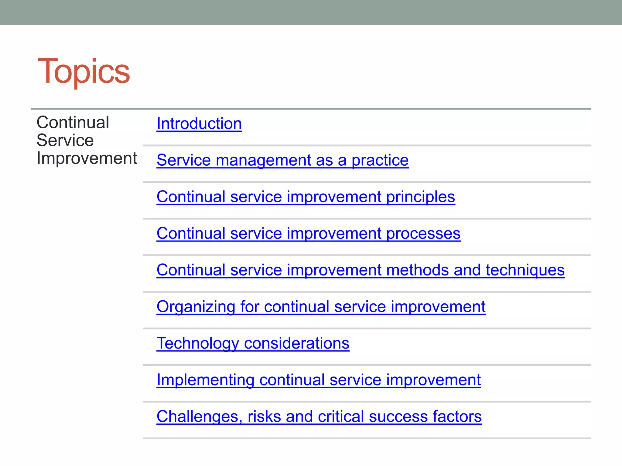 Topics
Continual
Service
Improvement
Introduction
Service management as a practice
Continual service improvement principles
Continual service improvement processes
Continual service improvement methods and techniques
Organizing for continual service improvement
Technology considerations
Implementing continual service improvement
Challenges, risks and critical success factors
 
