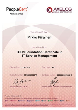 Pirkko Piirainen
11 Dec 2018
GR750507613PP
Printed on 13 December 2018
N/A
9980042037802217
ITIL® Foundation Certificate in
IT Service Management
 
