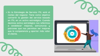 En la Estrategia de Servicio ITIL está el
núcleo del negocio: Tiene como objetivo
convertir la gestión del servicio basado
en ITIL en un activo estratégico. Cuando
decimos activo estratégico nos referimos
a establecer mejoras, estructuras y
patrones que nos permitan ser mejores
que la competencia y aportar más valor
al cliente.
 