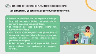 El concepto de Patrones de Actividad de Negocio (PBA):
Define la dinámica de un negocio e incluye
interacciones con clientes, suministradores,
partners y otros grupos de interés.
En función de esos patrones (PBA) nos
solicitarán servicios.
Los procesos de negocio principales van a
demandar esos servicios y lo que tengo que
mostrar al cliente, son las salidas de esos
patrones de negocio.
Es importante conocer el negocio del cliente
para mejorar mis patrones y elaborar
nuevos.
Son estructuras, ya definidas, de cómo funciona un servicio.
 