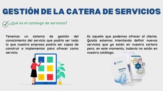 ¿Qué es el catalogo de servicios?
GESTIÓN DE LA CATERA DE SERVICIOS
Es aquello que podemos ofrecer al cliente.
Quizás estemos intentando definir nuevos
servicios que ya están en nuestra cartera
pero. en este momento, todavía no están en
nuestro catálogo.
Tenemos un sistema de gestión del
conocimiento del servicio que podría ser todo
lo que nuestra empresa podría ser capaz de
construir e implementar para ofrecer como
servicio.
 