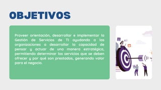 OBJETIVOS
Proveer orientación, desarrollar e implementar la
Gestión de Servicios de TI ayudando a las
organizaciones a desarrollar la capacidad de
pensar y actuar de una manera estratégica,
permitiendo determinar los servicios que se deben
ofrecer y por qué son prestados, generando valor
para el negocio.
 