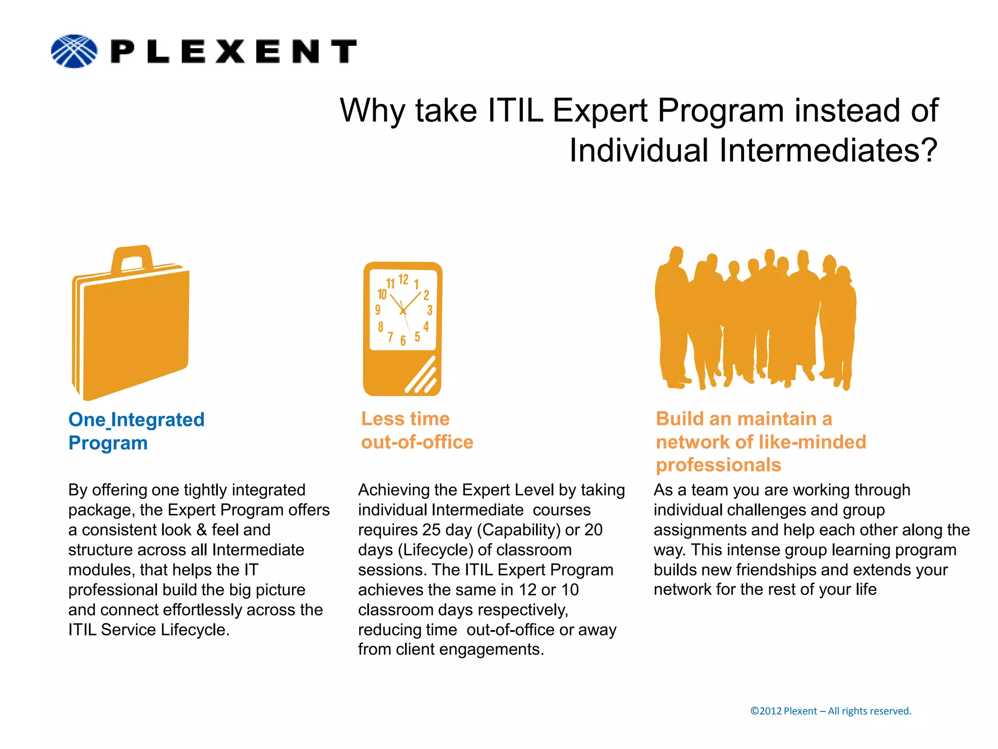Why take ITIL Expert Program instead of
                                                     Individual Intermediates?




One Integrated                         Less time                              Build an maintain a
Program                                out-of-office                          network of like-minded
                                                                              professionals
By offering one tightly integrated     Achieving the Expert Level by taking   As a team you are working through
package, the Expert Program offers     individual Intermediate courses        individual challenges and group
a consistent look & feel and           requires 25 day (Capability) or 20     assignments and help each other along the
structure across all Intermediate      days (Lifecycle) of classroom          way. This intense group learning program
modules, that helps the IT             sessions. The ITIL Expert Program      builds new friendships and extends your
professional build the big picture     achieves the same in 12 or 10          network for the rest of your life
and connect effortlessly across the    classroom days respectively,
ITIL Service Lifecycle.                reducing time out-of-office or away
                                       from client engagements.


                                                                                          ©2012 Plexent – All rights reserved.
 